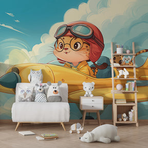 Aviation themed mural wallpaper featuring cat pilot in yellow airplane for kids bedroom decor
