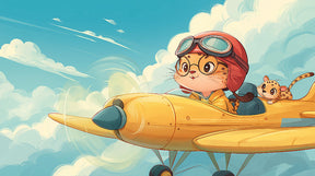 Detailed flying cat pilot mural wallpaper design pattern with yellow airplane and clouds by Kids-Mundo