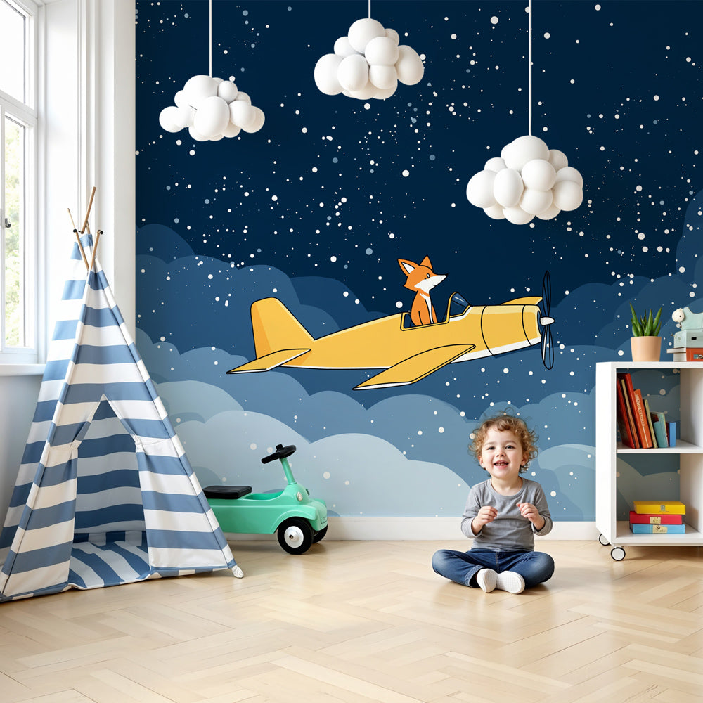 Flying fox pilot mural wallpaper in cozy nursery setting with wooden crib by Kids-Mundo