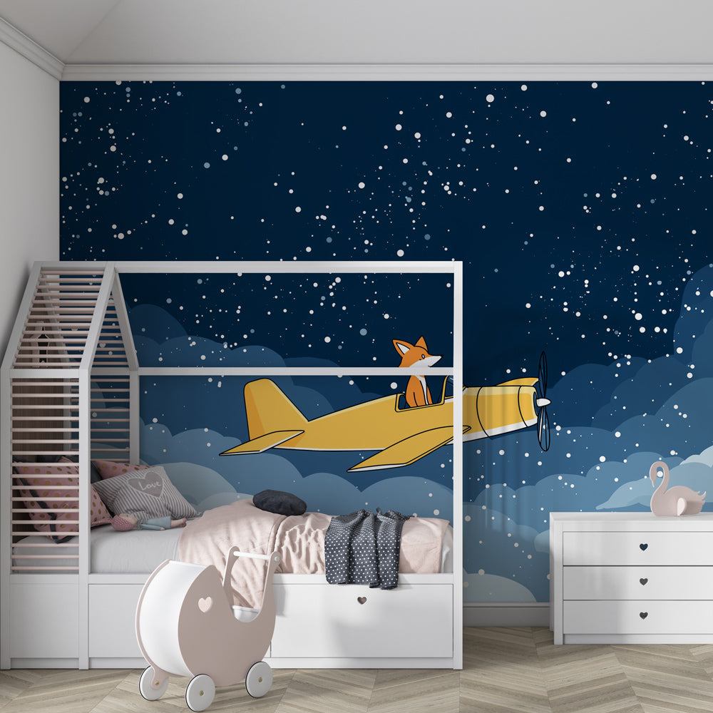 Yellow plane fox mural wallpaper inspiring adventure in bright children's playroom