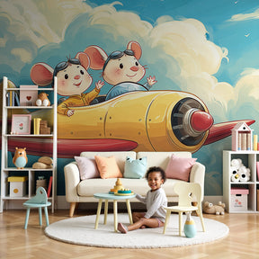 Flying mice pilot mural wallpaper in bright nursery with white crib by Kids-Mundo