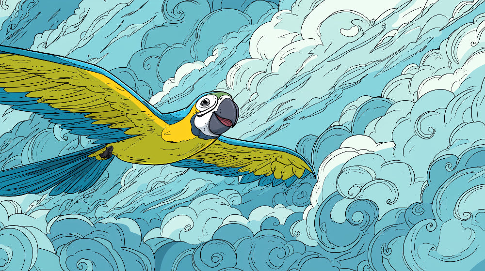 Detailed flying parrot and clouds mural wallpaper design pattern by Kids-Mundo
