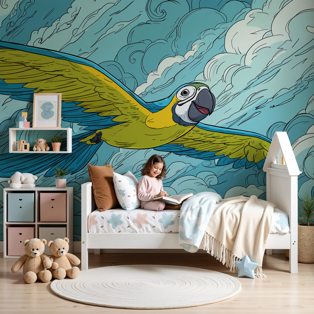 Flying parrot mural wallpaper with blue clouds decorating modern kids bedroom by Kids-Mundo
