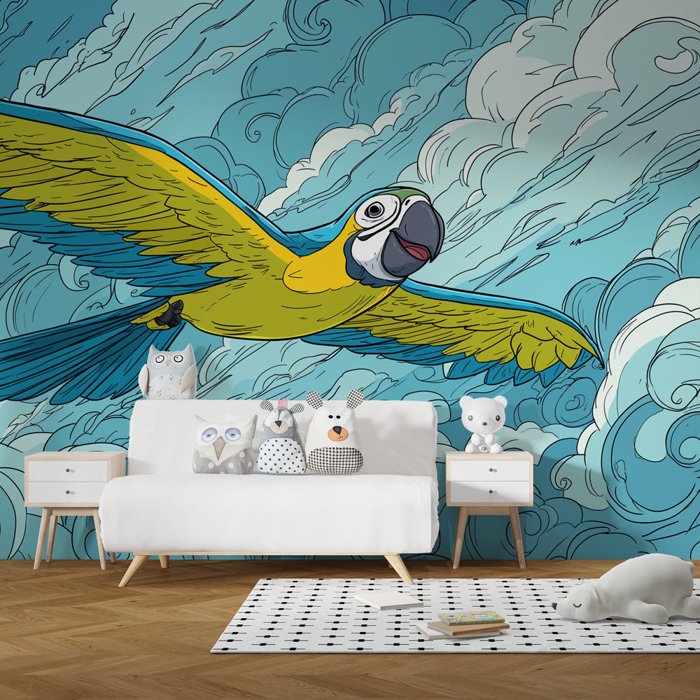 Blue and yellow parrot wallpaper creating adventurous nursery atmosphere with cloud theme