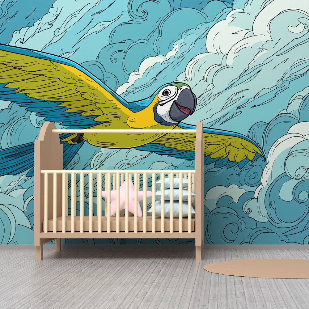 Colorful bird mural wallpaper transforming children's playroom into sky adventure space