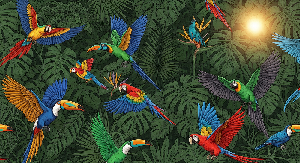 Kids-Mundo flat artwork of colourful flying parrots and a toucan in the jungle