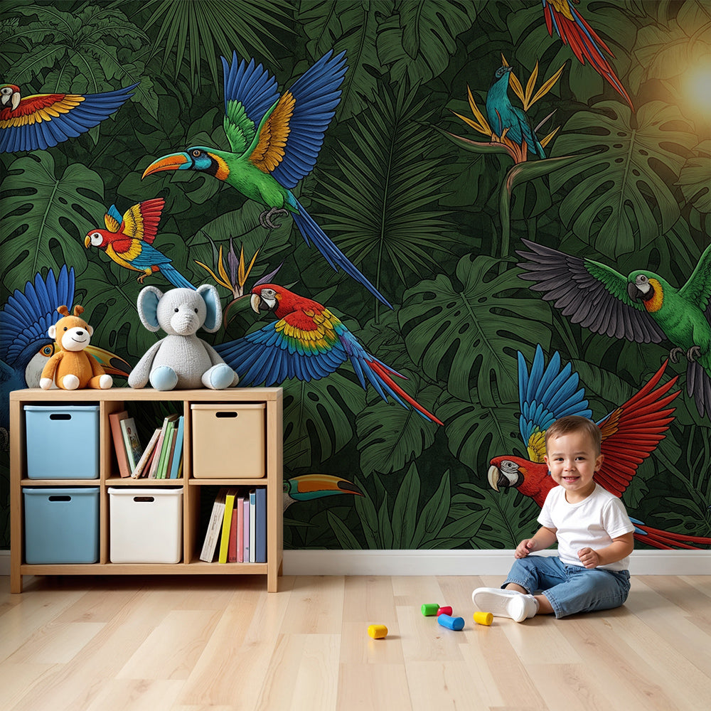 Kids-Mundo colourful parrot wall mural with toucan in a bright nursery