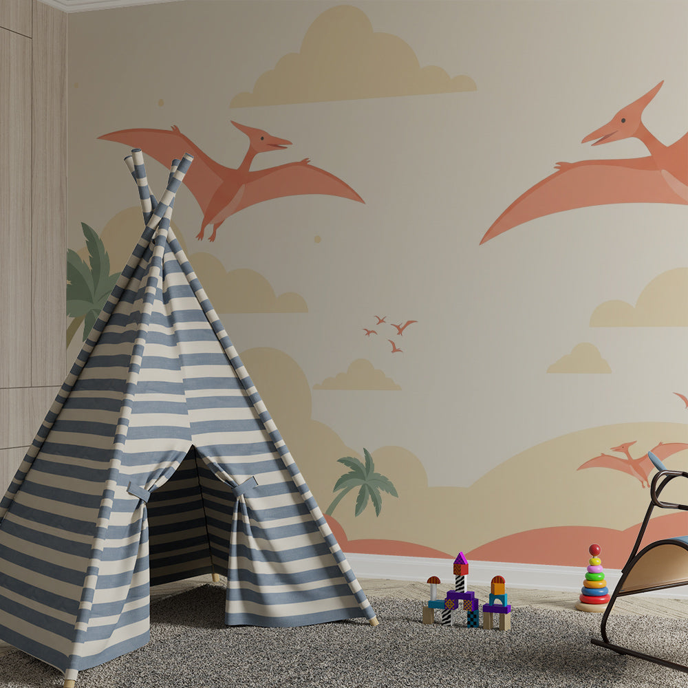 Kids-Mundo flying pterodactyl mural featured on a colourful kids bedroom wall