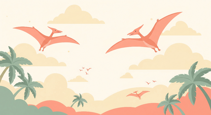 Kids-Mundo flat artwork of coral pterodactyls flying over a sunny jungle sky