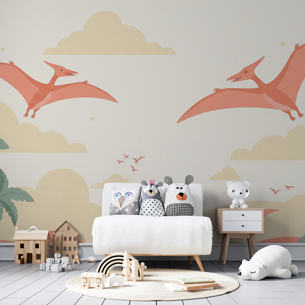 Kids-Mundo pterodactyl jungle sky wall mural brightening a playful kids playroom