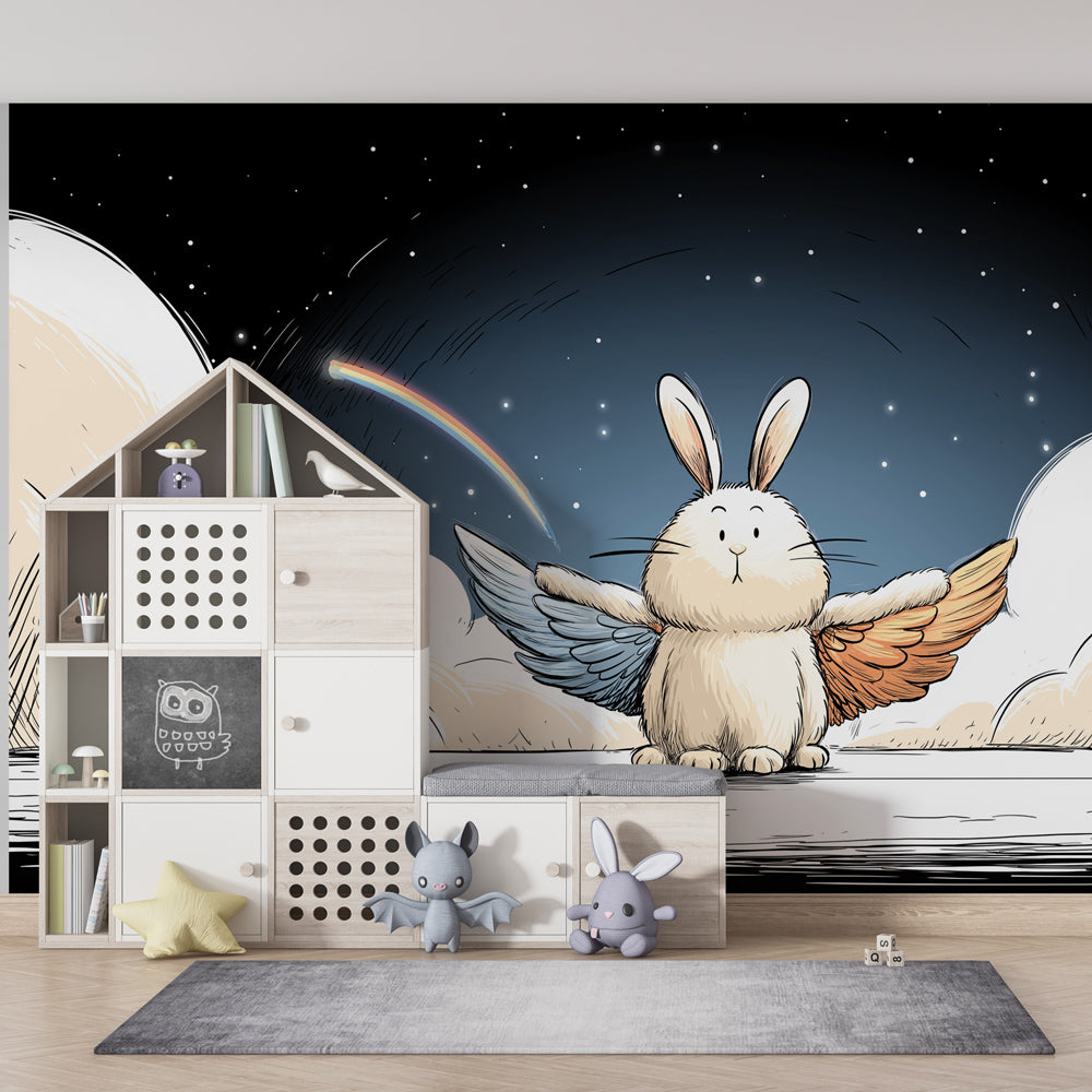 Whimsical rabbit wallpaper creating magical kids bedroom atmosphere with rainbow design