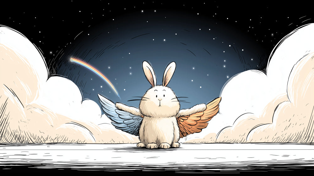 Detailed flying rabbit with rainbow mural wallpaper design pattern by Kids-Mundo