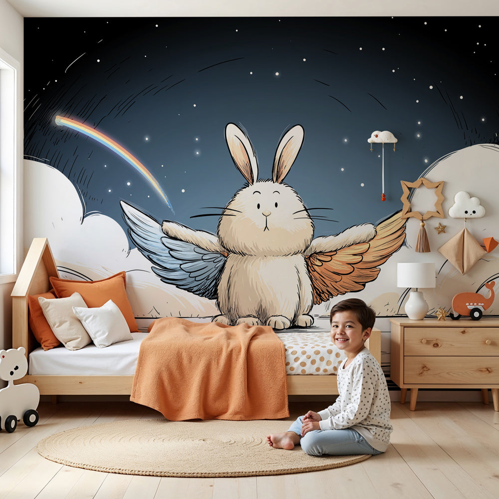 Flying rabbit rainbow mural wallpaper in cozy children's nursery room by Kids-Mundo