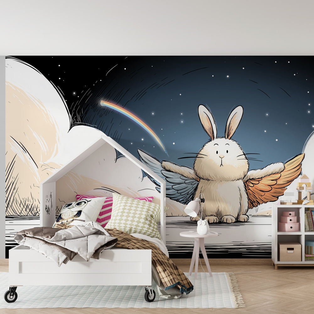 Colorful flying rabbit mural wallpaper transforming children's playroom into fantasy world