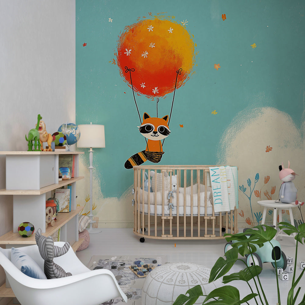 Dreamy raccoon balloon wallpaper creating peaceful atmosphere in baby bedroom decor
