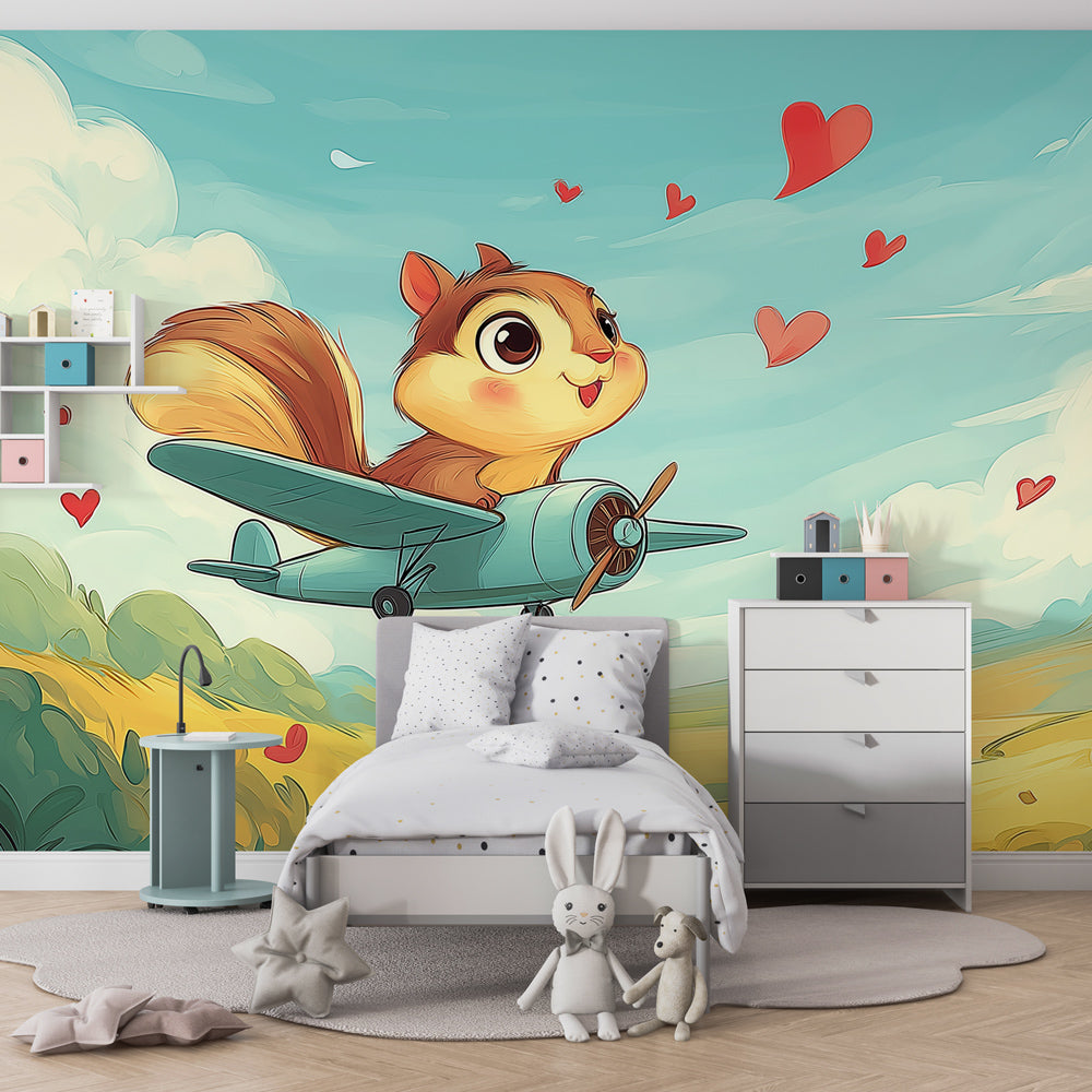 Adventure plane squirrel wallpaper creating whimsical kids bedroom atmosphere