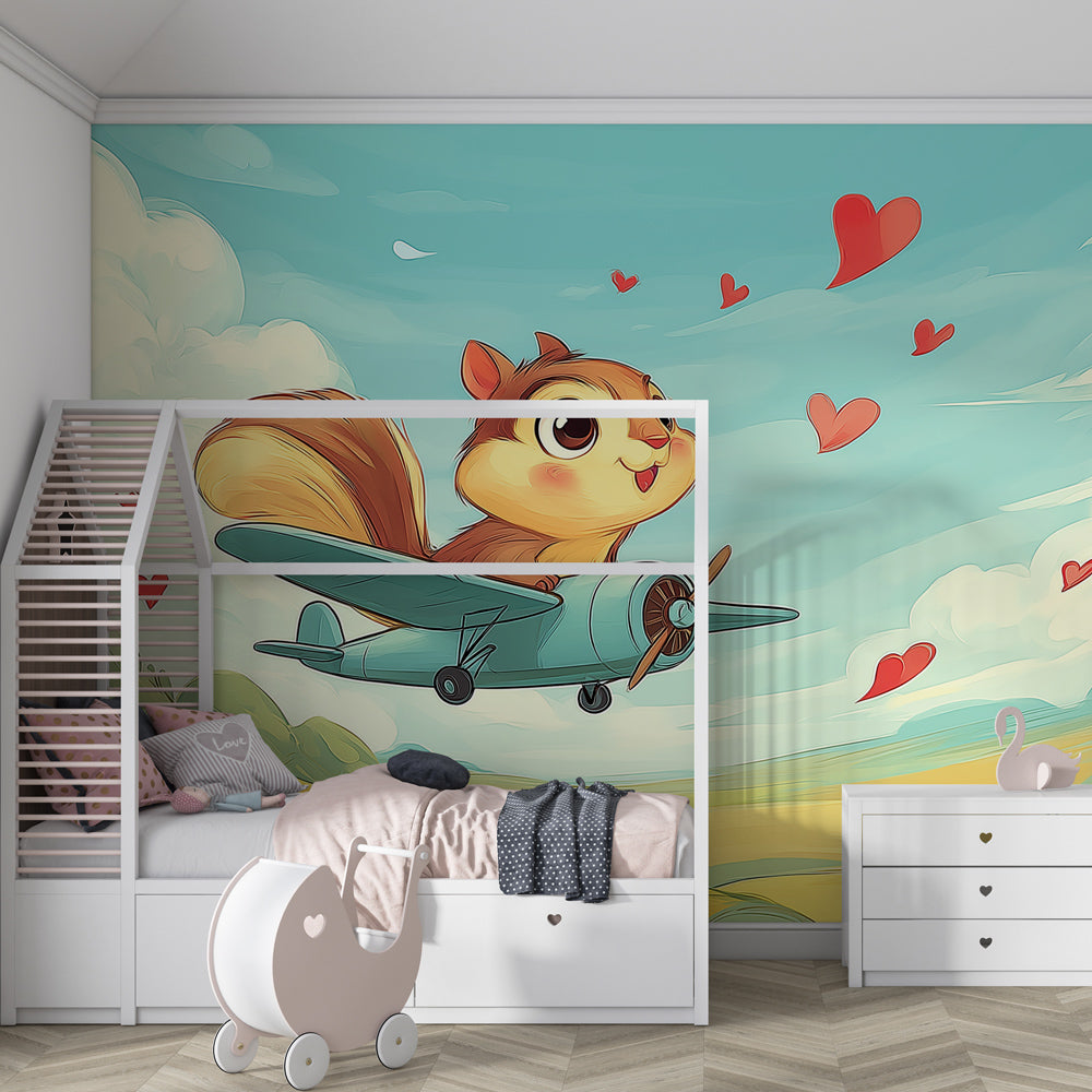 Flying squirrel aviation mural wallpaper in modern nursery with white crib by Kids-Mundo