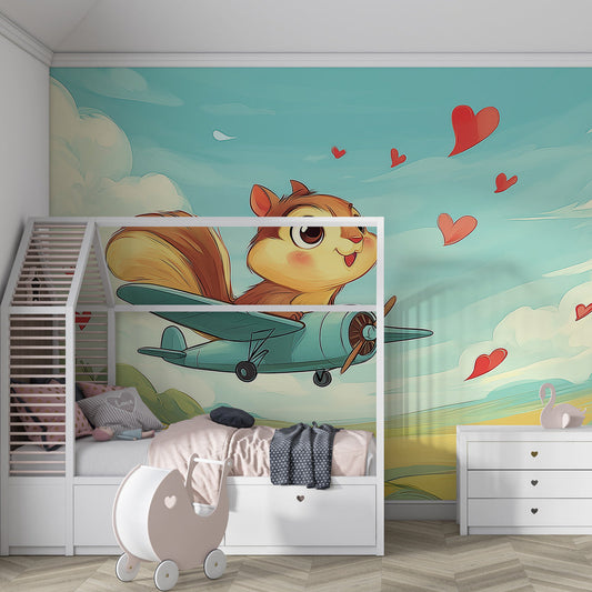 Flying squirrel aviation mural wallpaper in modern nursery with white crib by Kids-Mundo