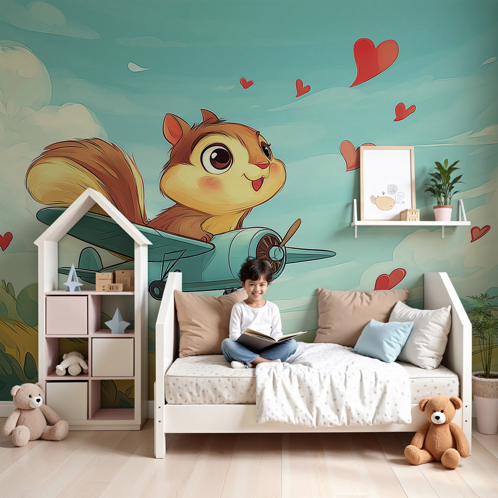 Charming squirrel pilot mural wallpaper transforming children's playroom space