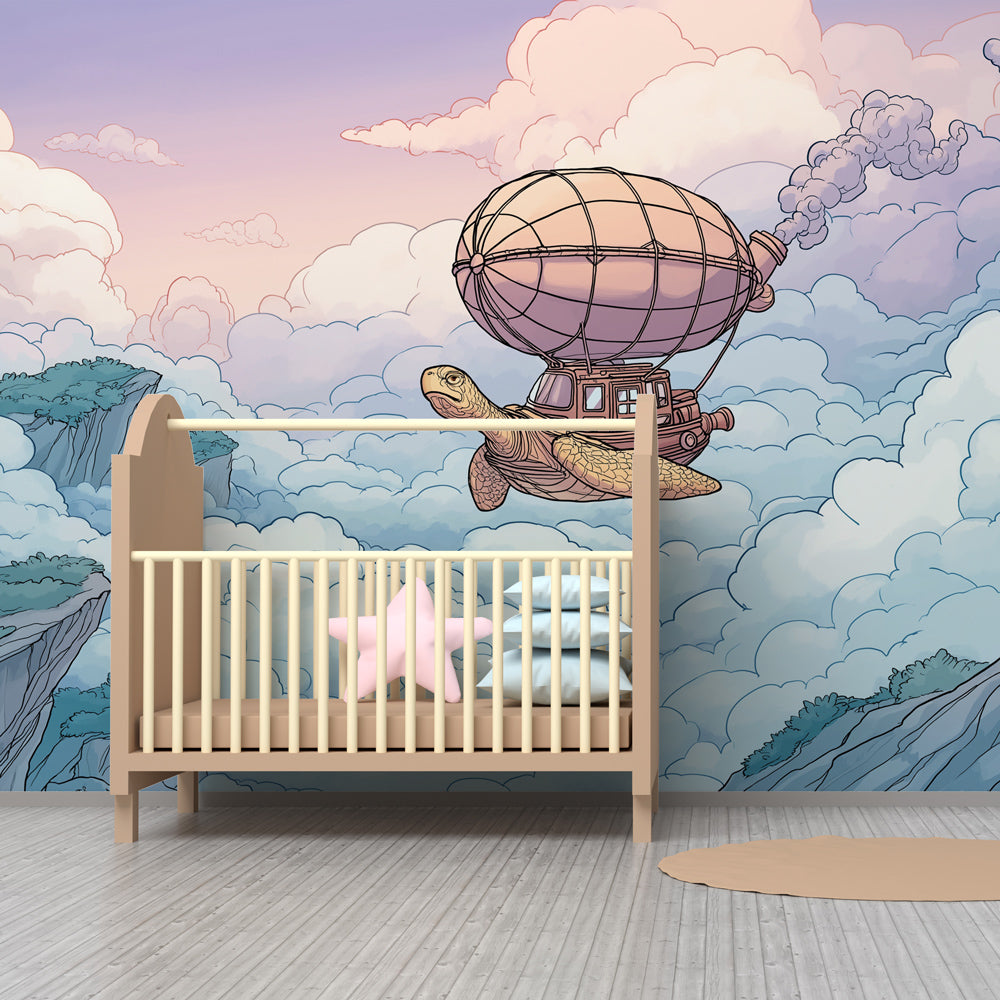 Whimsical turtle balloon wallpaper creating magical atmosphere in children's bedroom