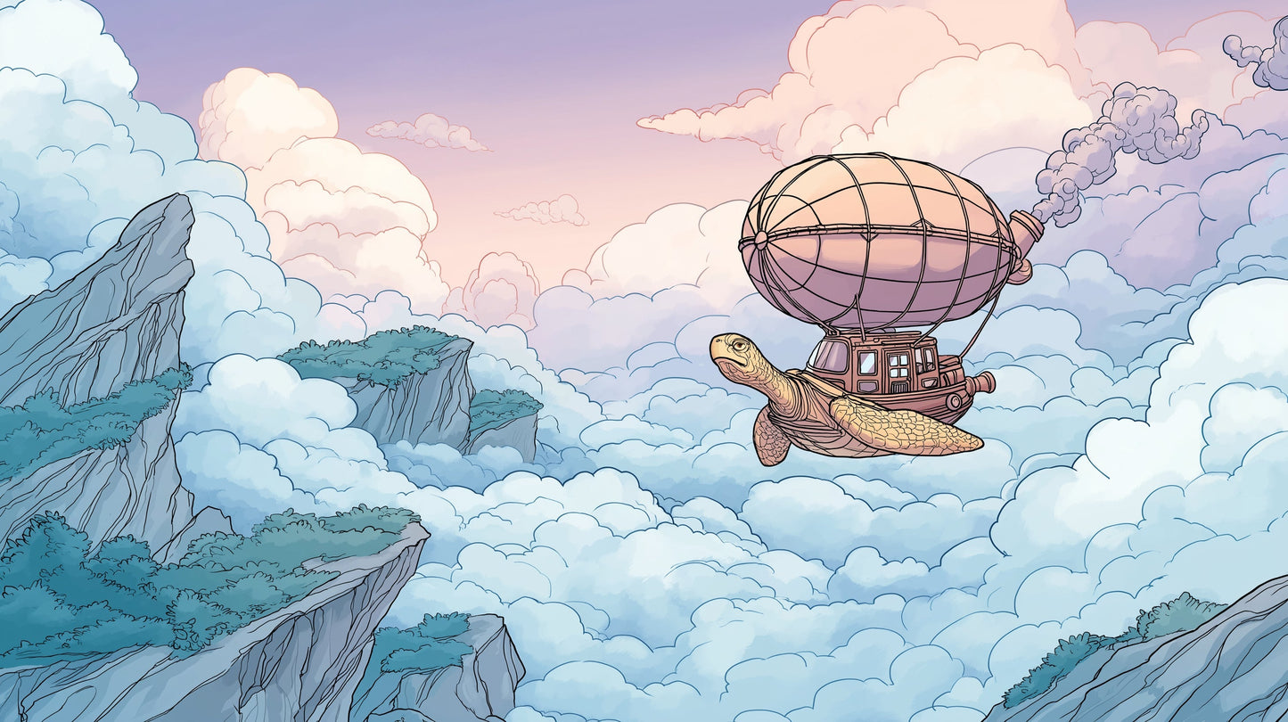 Detailed flying turtle hot air balloon mural wallpaper design pattern by Kids-Mundo