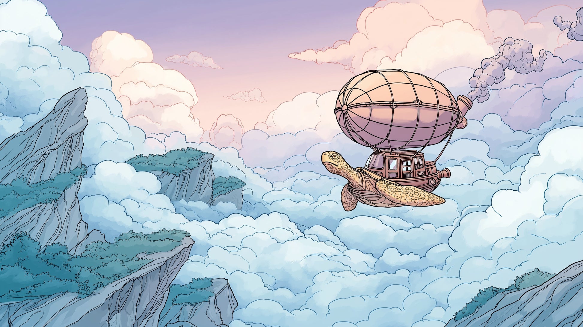 Detailed flying turtle hot air balloon mural wallpaper design pattern by Kids-Mundo