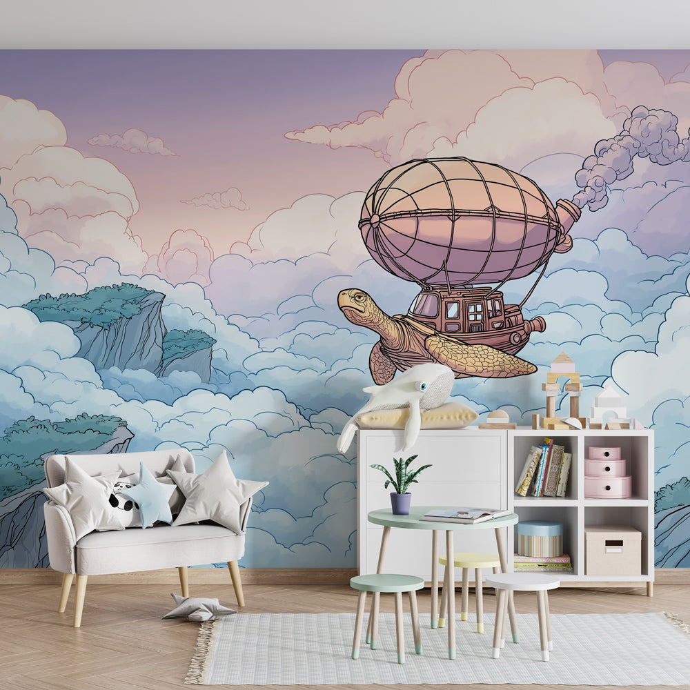 Adventure-themed turtle mural wallpaper transforming playful kids room decor