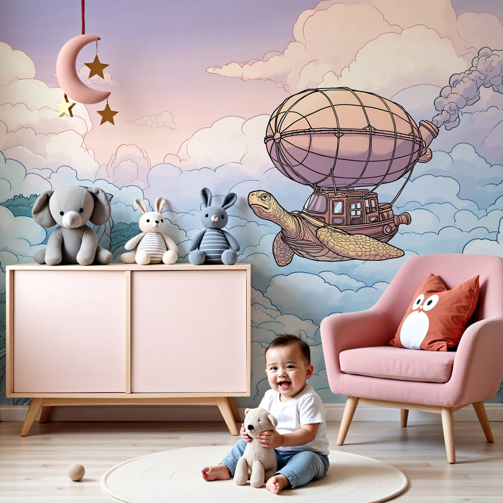 Flying turtle hot air balloon mural wallpaper in modern nursery room by Kids-Mundo