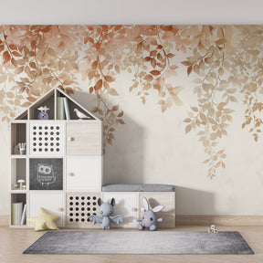 Botanical foliage mural wallpaper complementing neutral nursery furniture
