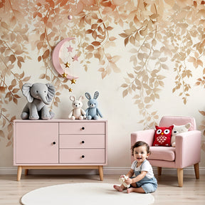 Soft beige hanging foliage mural wallpaper in serene baby nursery by Kids-Mundo