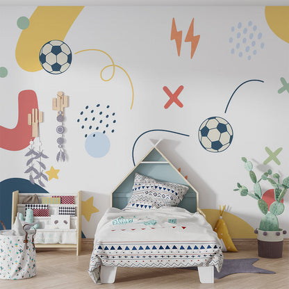 Kids-Mundo football and abstract shapes wall mural on a feature wall in a kids bedroom