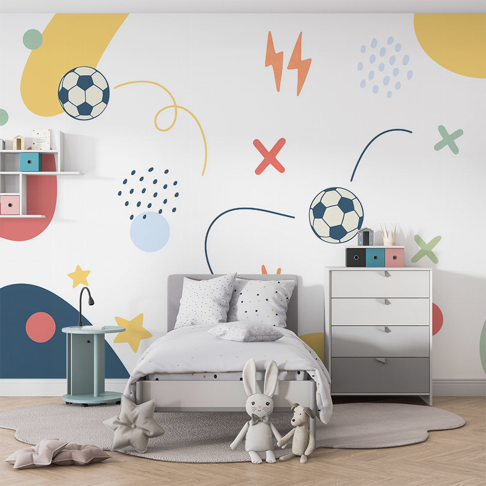 Kids-Mundo bold football pattern wall mural brightening an active playroom wall