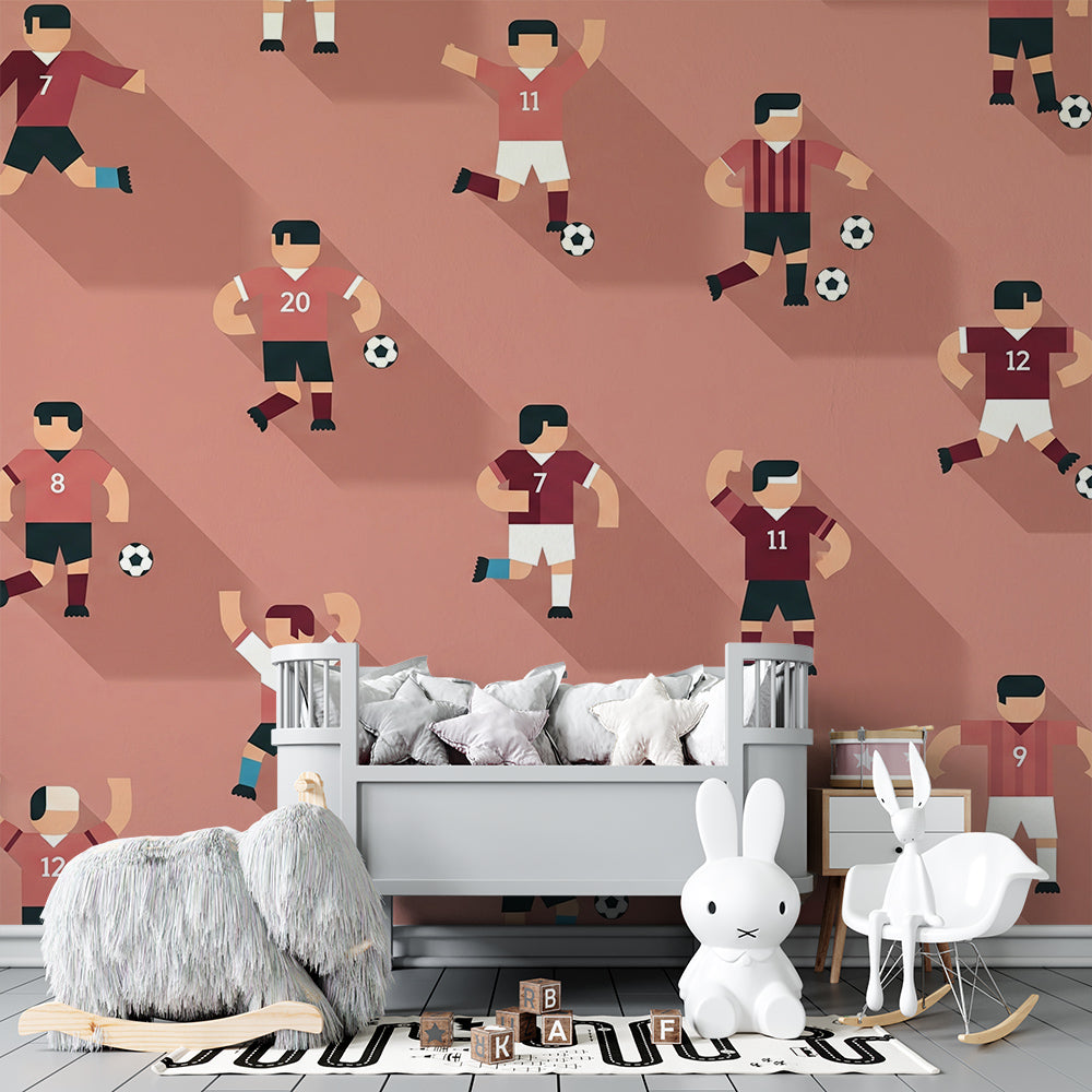 Kids-Mundo football pattern wallpaper mural in an energetic boy's kids bedroom feature wall.