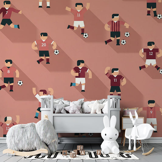 Kids-Mundo football pattern wallpaper mural in an energetic boy's kids bedroom feature wall.
