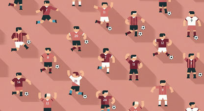 Kids-Mundo flat artwork of illustrated football players in maroon kits on a terracotta pink background.