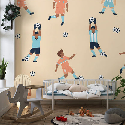 Kids-Mundo football wall mural with dribbling players in a fun playroom