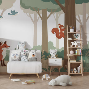 Woodland animal mural wallpaper creating cozy children's bedroom with natural wood furniture