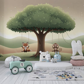 Woodland animal mural wallpaper creating magical kids bedroom atmosphere with natural themes