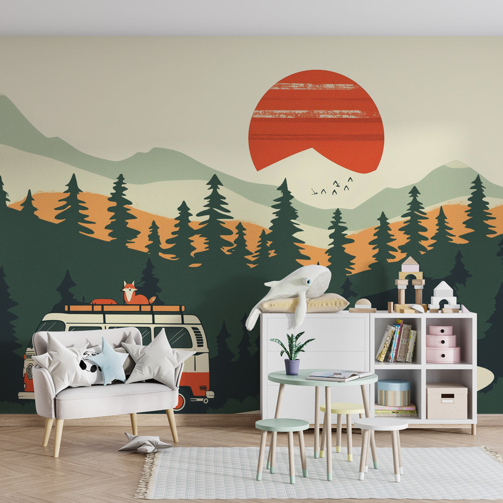 Green forest wallpaper creating magical woodland atmosphere in children's bedroom setting