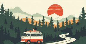 Detailed forest adventure mural wallpaper design pattern with retro sunset and green trees by Kids-Mundo