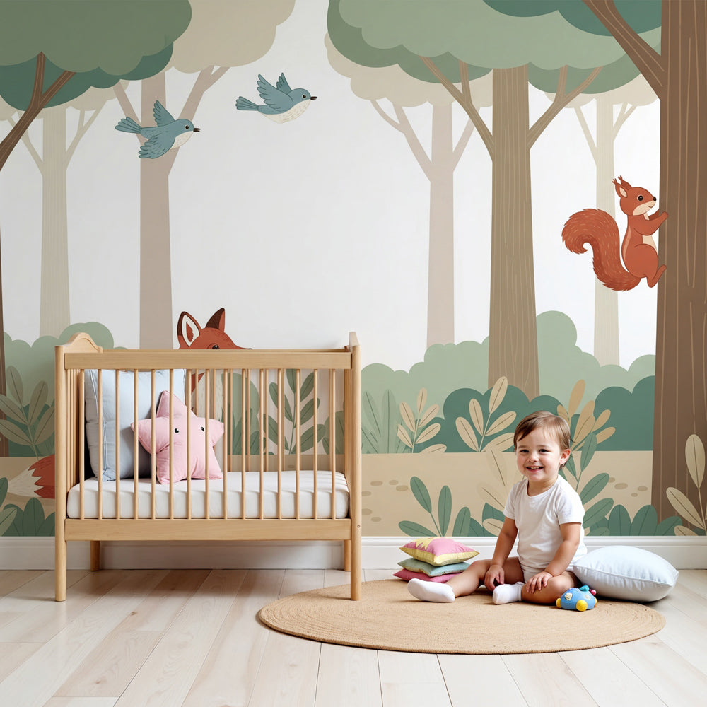 Forest adventure mural wallpaper with fox and squirrel in modern nursery by Kids-Mundo