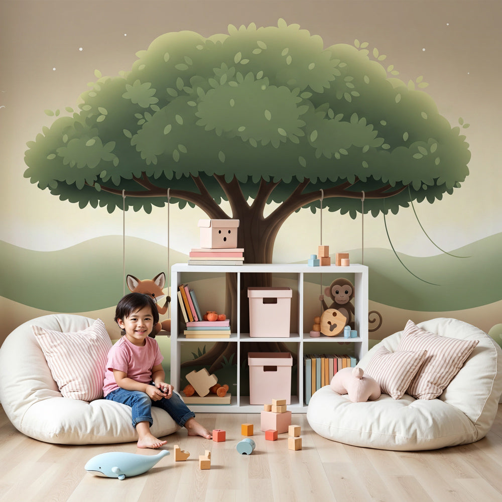 Forest adventure mural wallpaper with fox and monkey swings in modern nursery by Kids-Mundo