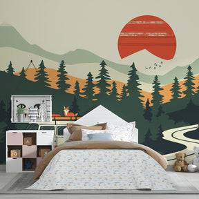 Retro forest sunset mural wallpaper transforming kids playroom into nature sanctuary