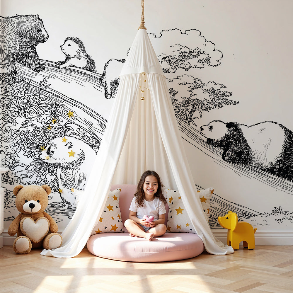 Kids-Mundo woodland animals wall mural styled in a nursery, featuring a bear, panda and rabbit on a hillside slide