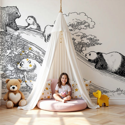 Kids-Mundo woodland animals wall mural styled in a nursery, featuring a bear, panda and rabbit on a hillside slide