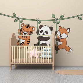 Playful woodland animals wallpaper creating cozy atmosphere in baby bedroom decor