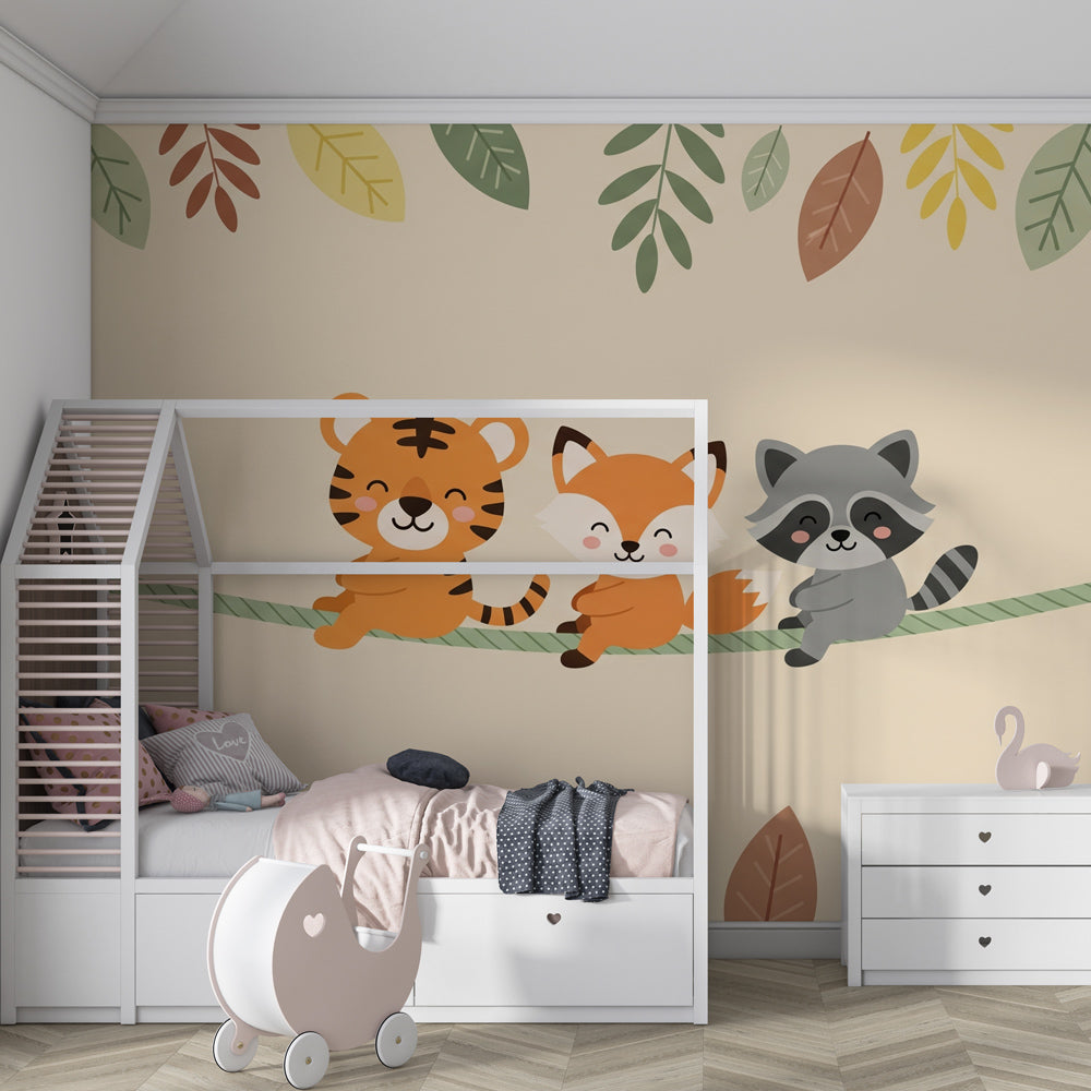 Friendly woodland creatures wallpaper in modern baby nursery with natural wood furniture