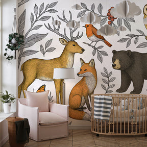 Woodland creatures mural wallpaper creating magical kids bedroom decor with warm earth tones