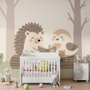 Woodland themed mural wallpaper creating magical reading corner in children's bedroom