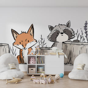 Woodland fox and raccoon wallpaper creating magical children's bedroom decor atmosphere